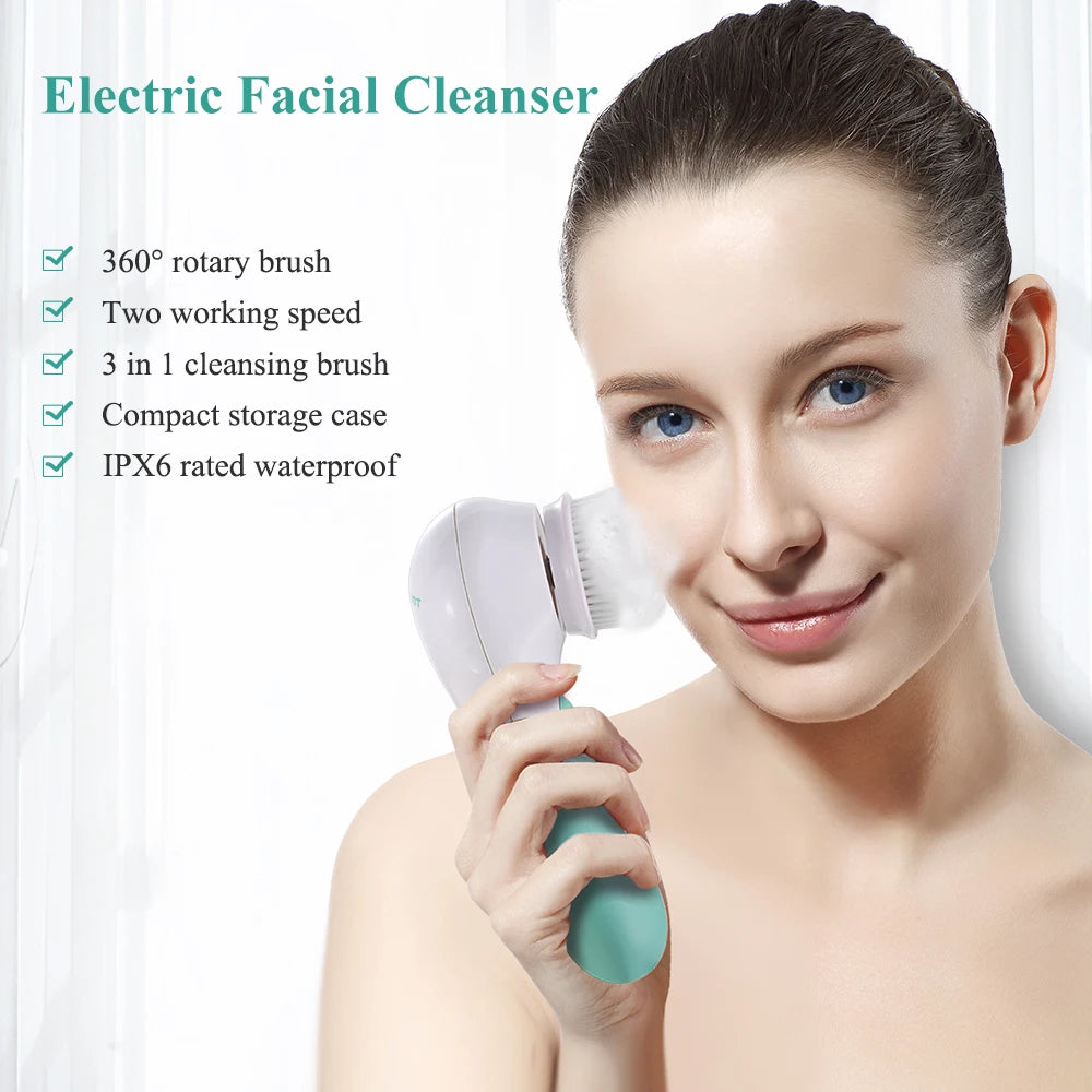 Facial Cleansing Brush Electric Facial Exfoliating Massage Brush with 3 Cleanser Heads and 2 Speeds Adjustable for Deep Cleaning