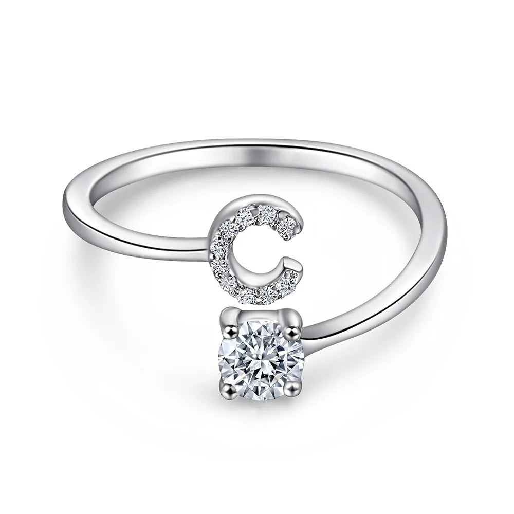 925 Sterling Silver Initial Rings for Women Girls, Adjustable Initial Rings Cubic Zirconia Stackable Alphabet Letter Rings Gift