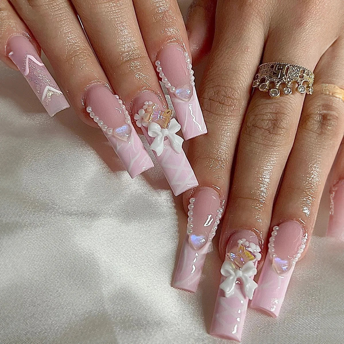 24pcs Long Square Press on Nails Cute Flower Design Fake Nail Butterfly Diamond Blue False Nails Leopard Print French Manicure