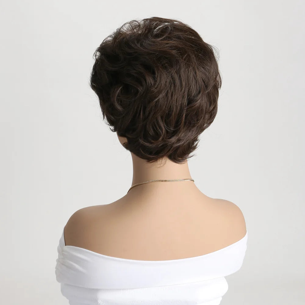Natural Wavy Synthetic Hair Wigs For Women Pixie Cut Short Wig with Bangs Brown Blonde Wig Female Heat Resistant Wig Woman