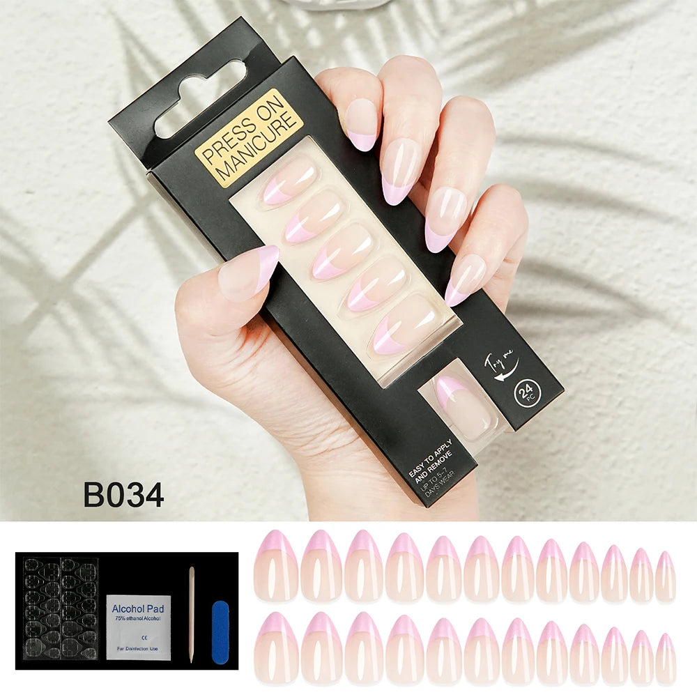 Press on Nails Almond French Design False Nails Simple Design Acrylic Nail Tips Reusable Fake Nails Decorated Nail Art
