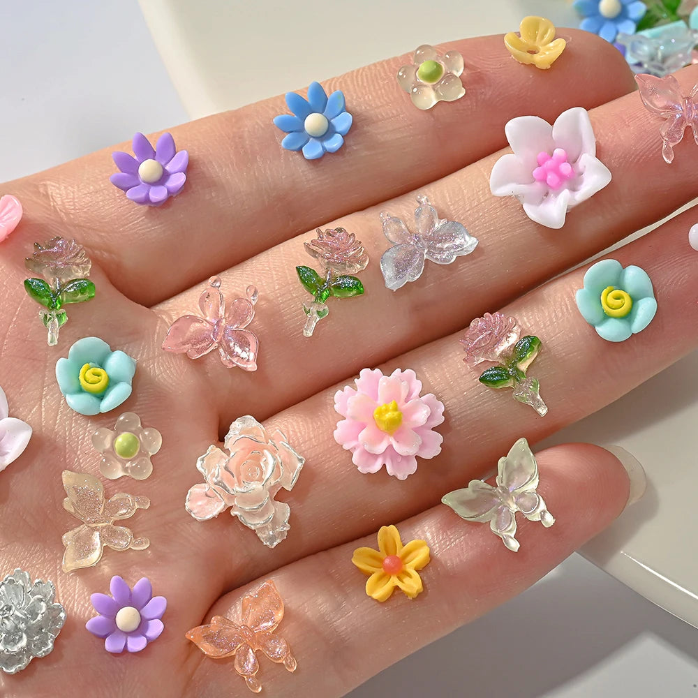 1 Bag Butterfly Flower Nail Charms 3D Mix Colorful Resin Nail Art Tips Nail Gems DIY Flatback Manicure Nail Art Decoration Parts