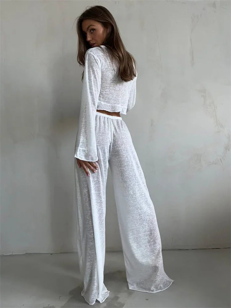 Casual Fashion 2 Piece-Set Trousers For Women V-Neck Lace-Up Long Sleeve Top And High Waist Women's Pants Outfits Female