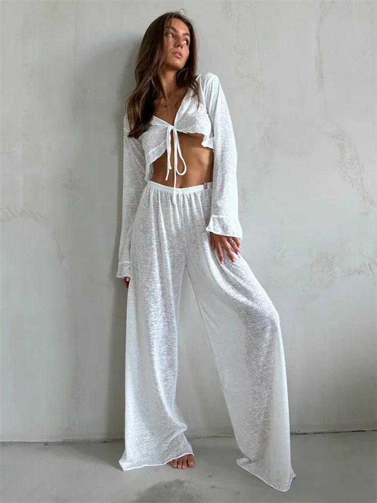 Casual Fashion 2 Piece-Set Trousers For Women V-Neck Lace-Up Long Sleeve Top And High Waist Women's Pants Outfits Female