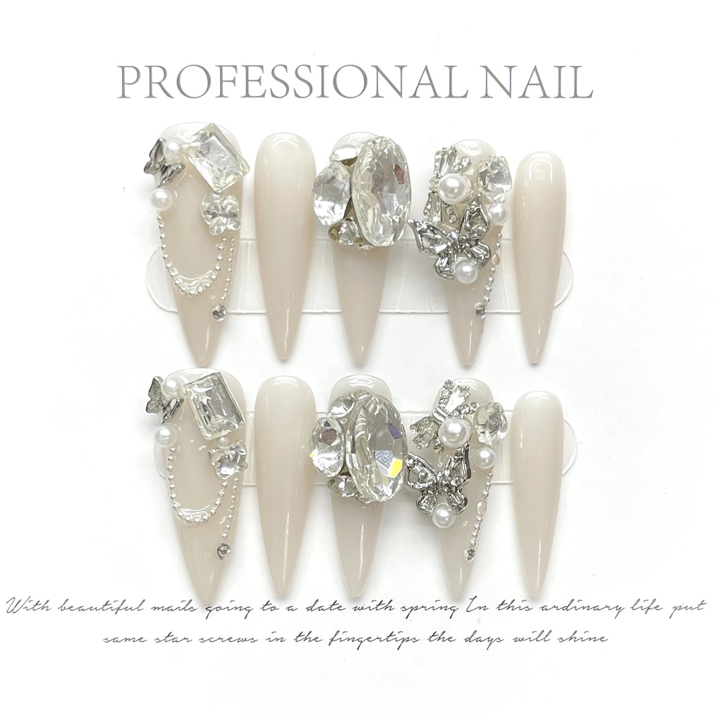 Handmade Press On Nails Luxury Long Fake Nails Stiletto Wearable Full Flash Rhinestones False Nails With Designs Almond Nail Tip