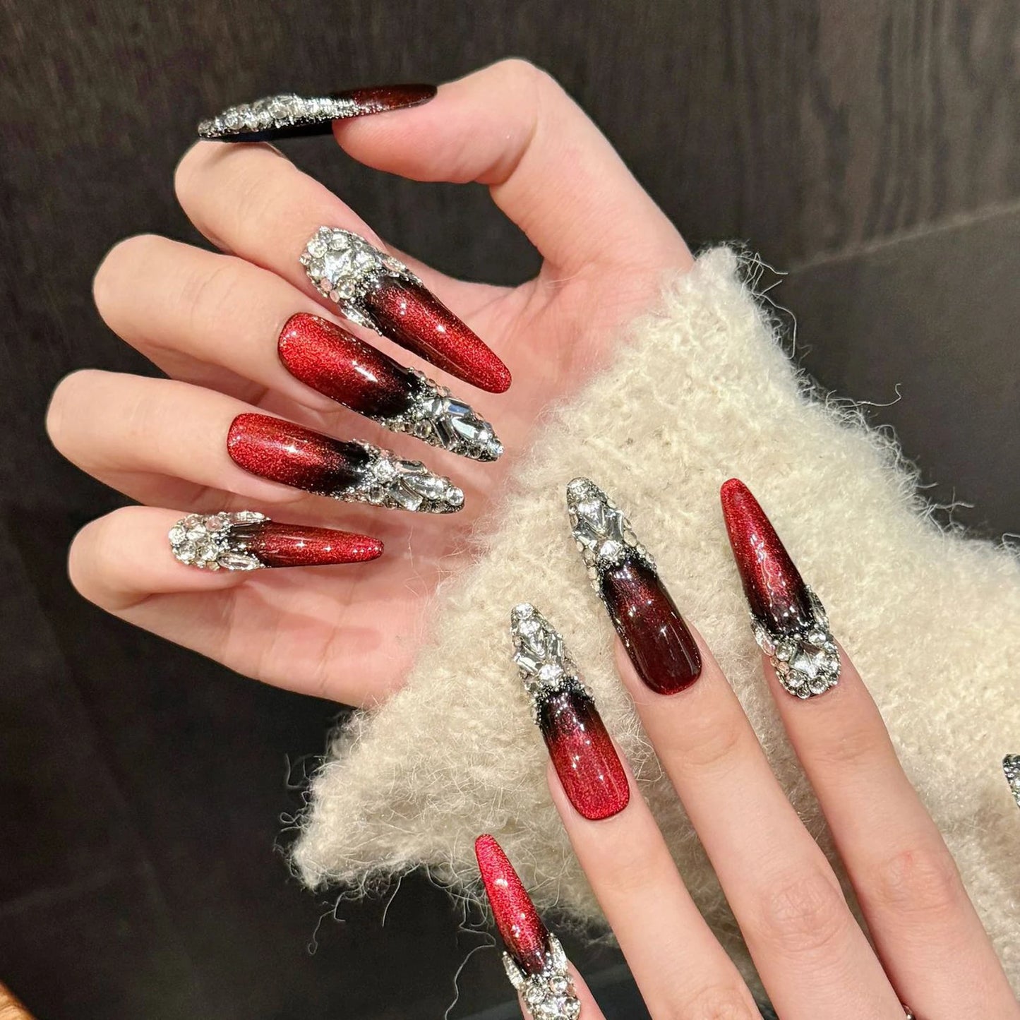 Handmade Long Almond False Nails Red Glitter Designs Wearable Cat's Eye Full Diamond French Nail Tips Heavy Industry Nail Art