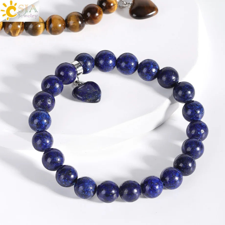 Natural Stone Beads Bracelet for Women Heart Charm Amethysts Crystal Quartzs Tiger Eye Elastic Bangles Reiki Jewelry Gift H543