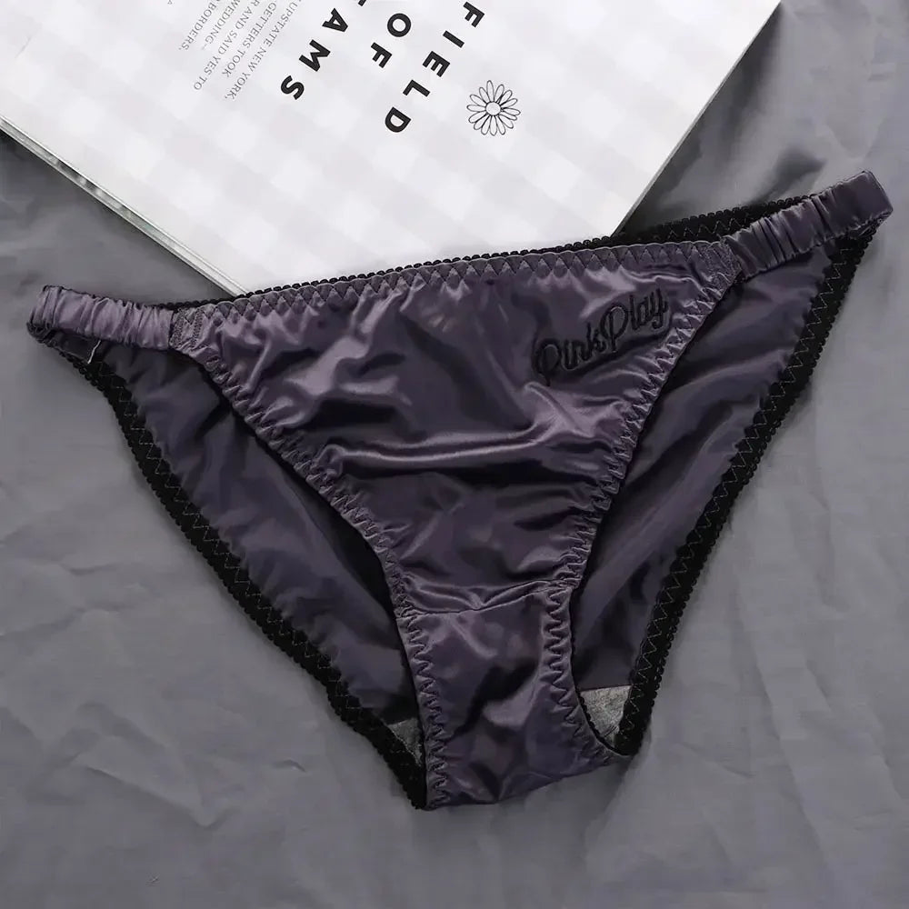 Sexy Girl Thongs Women Glossy Underwear Panty Low Waist Solid Color Satin Fabric Briefs Embroidery Fitness Sports Underpants