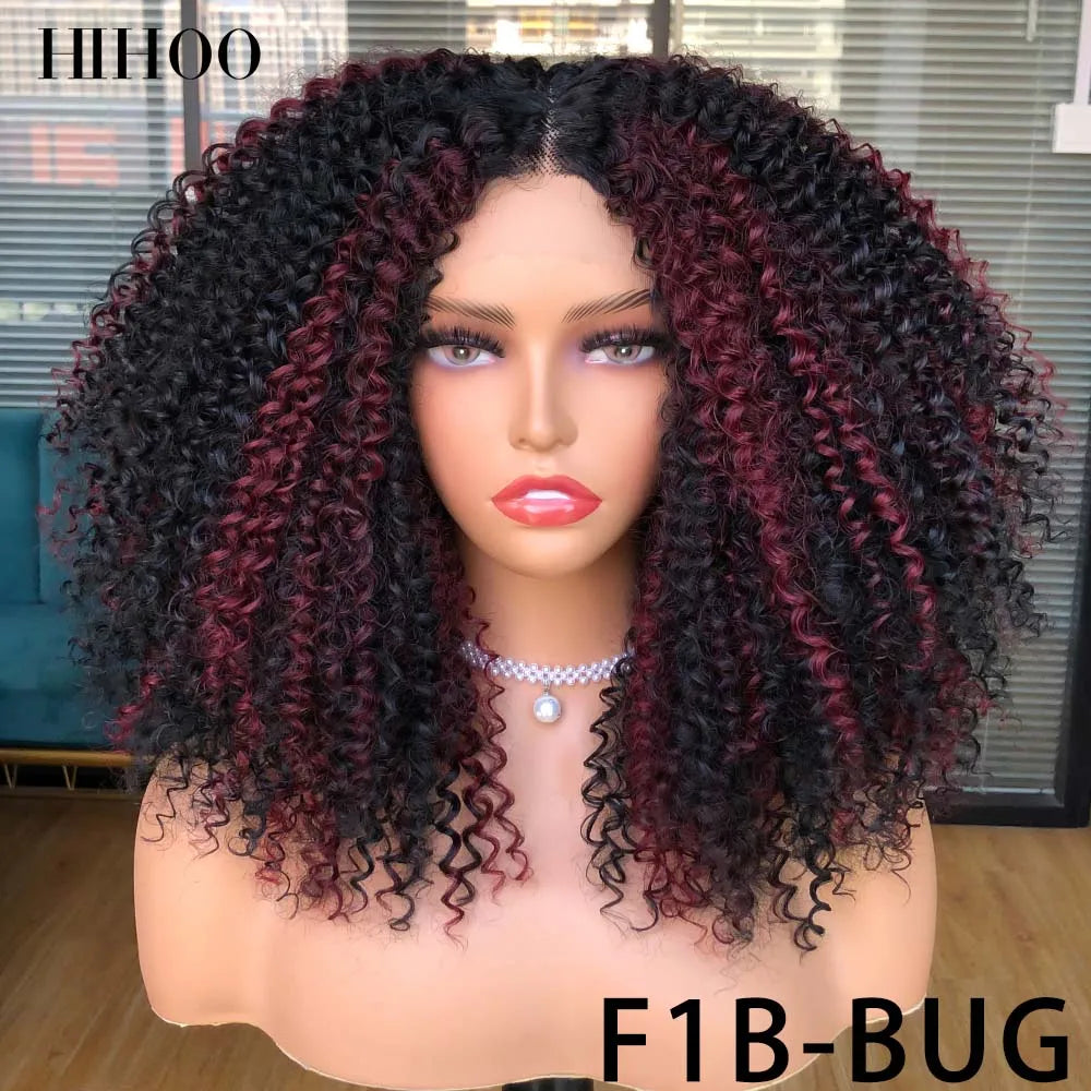 Lace Front Wigs for Women Short Bob Wig Afro Kinky Curly Wigs Ombre Brown Synthetic Middle Nature Hair Black Headgear with Clip
