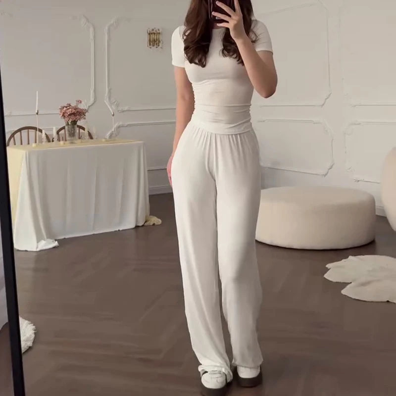Casual Long Pants Suits Women O-neck Short Sleeve T-shirt Elastic Waist Trousers Set Spring Summer Solid Lady Household Clothes