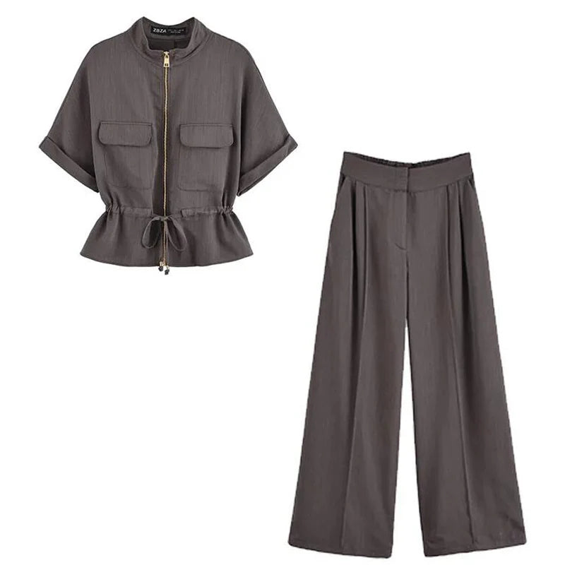 Casual Pants 2 Pieces Sets For Women Short Sleeve Coat High Waist Trousers Women's Suit 2025 Two Pieces Loose Woman Outfits