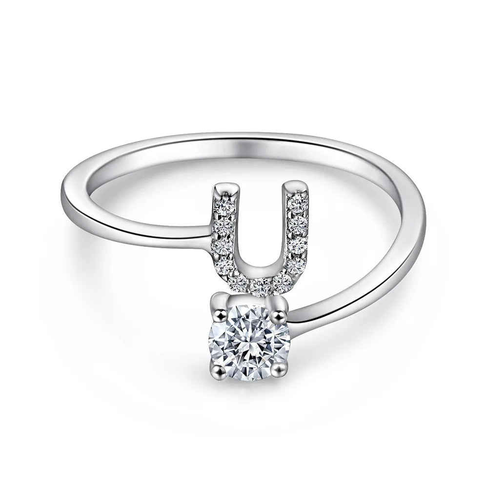 925 Sterling Silver Initial Rings for Women Girls, Adjustable Initial Rings Cubic Zirconia Stackable Alphabet Letter Rings Gift