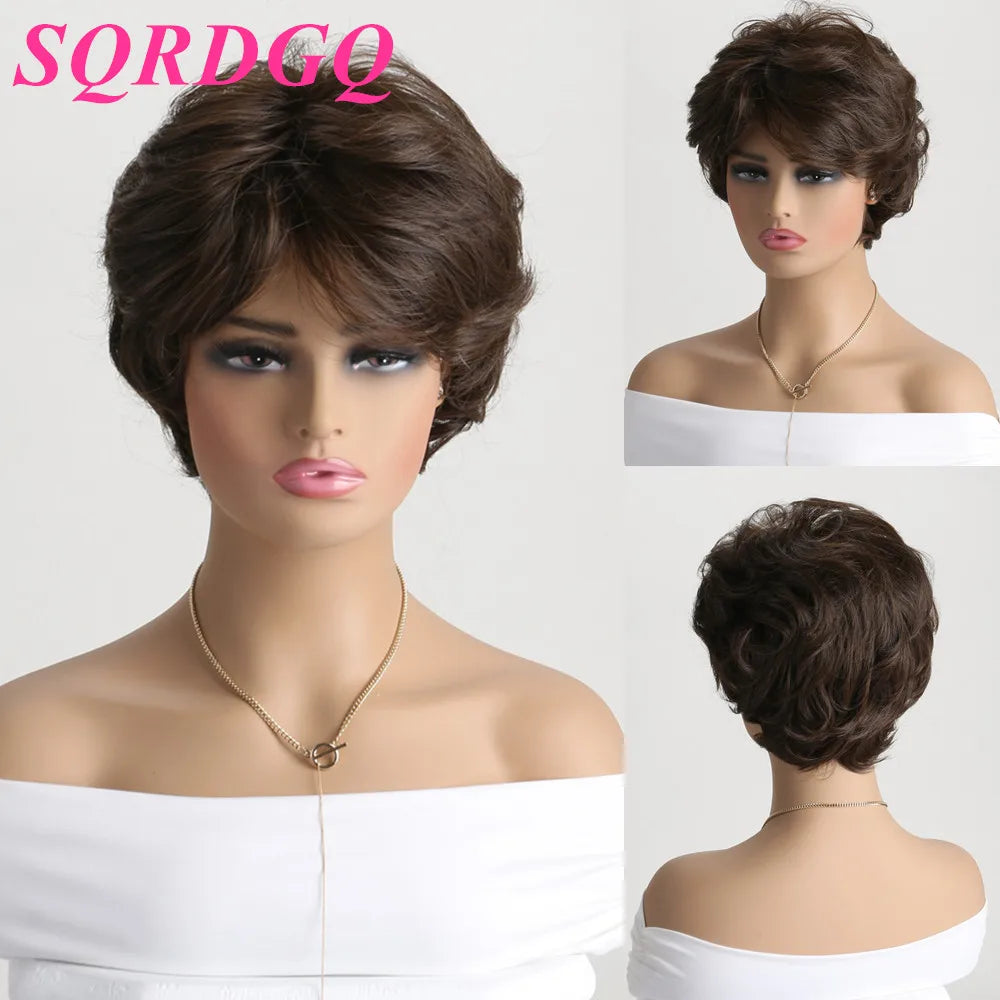 Natural Wavy Synthetic Hair Wigs For Women Pixie Cut Short Wig with Bangs Brown Blonde Wig Female Heat Resistant Wig Woman