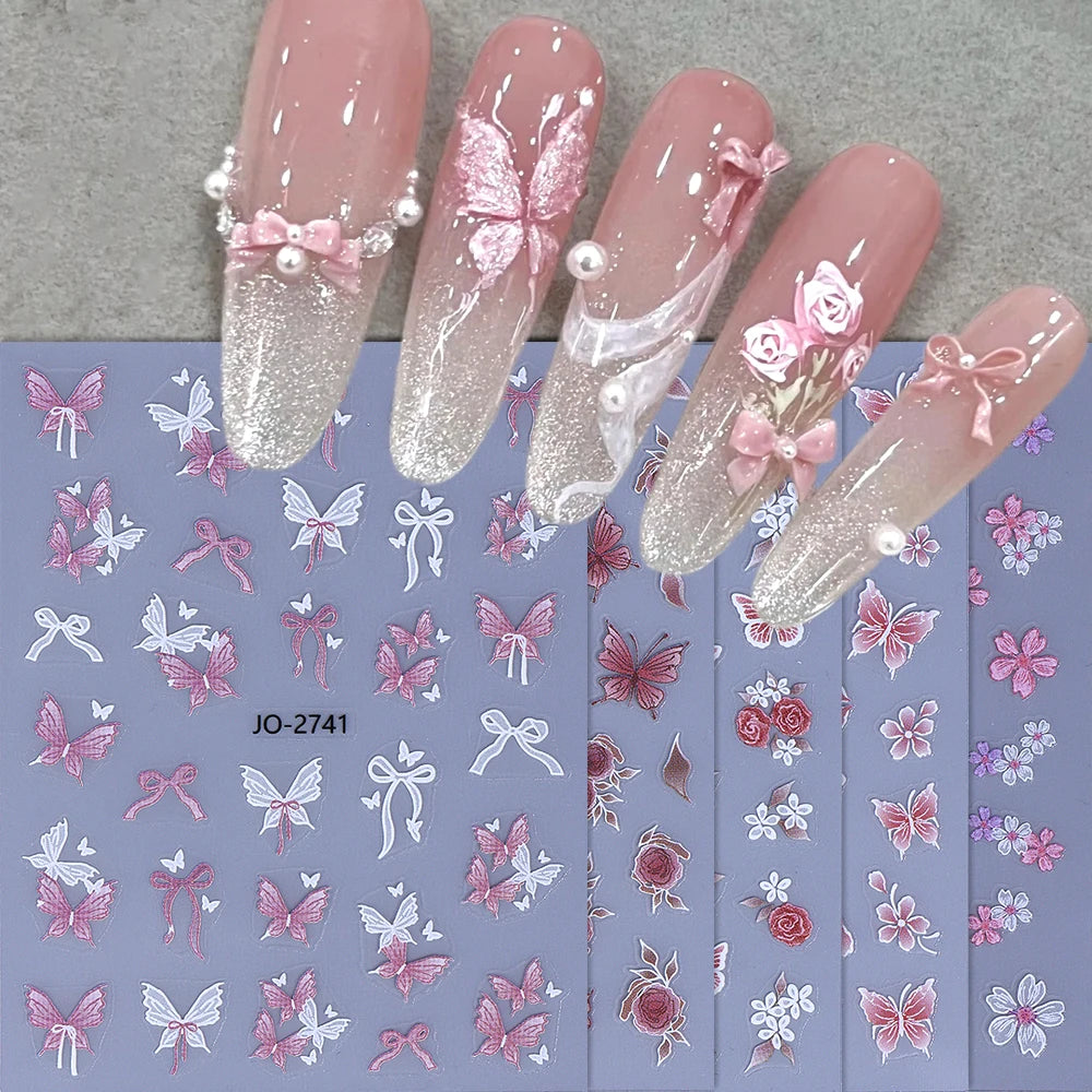 5pcs/set Butterfly Nail Stickers 3D Self-Adhesive Bow Rose Flower Sakura Nail Art Decoration Part Decals for Women Manicure DIY