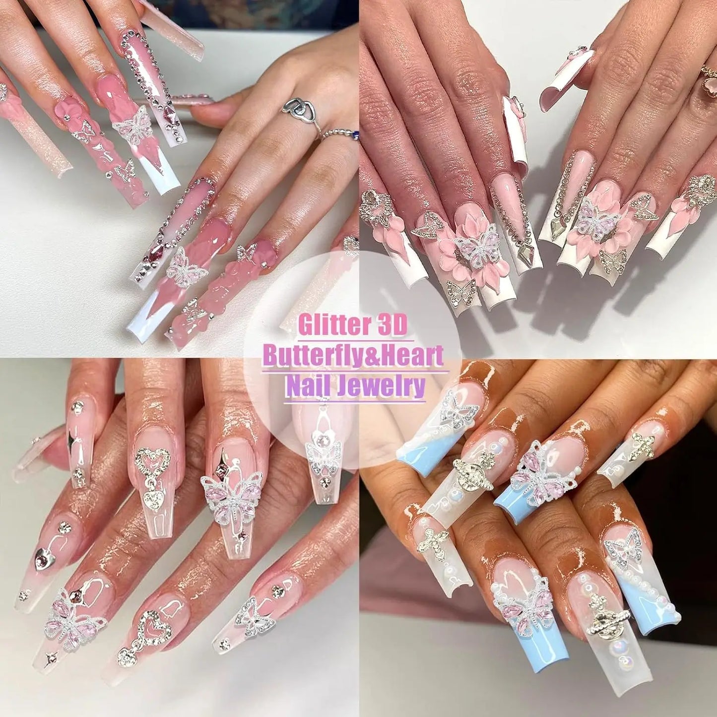 47PCS 3D Butterfly Nail Charms Silver Cross Nail Art Charms Dangle Heart Charms for Nail Heart Nail Gems Luxury Nail Jewelry