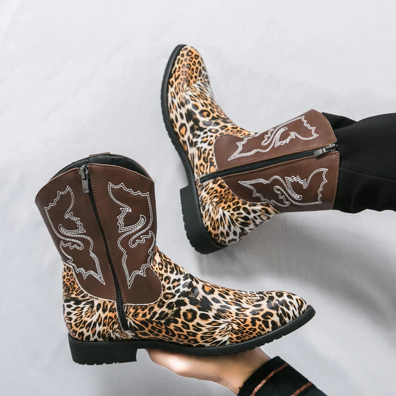 Western Cowboy Boots Men's 2025 New Autum Retro Embroider Versatile Mid-Calf Boots Outdoor Desert Zipper Short Boots
