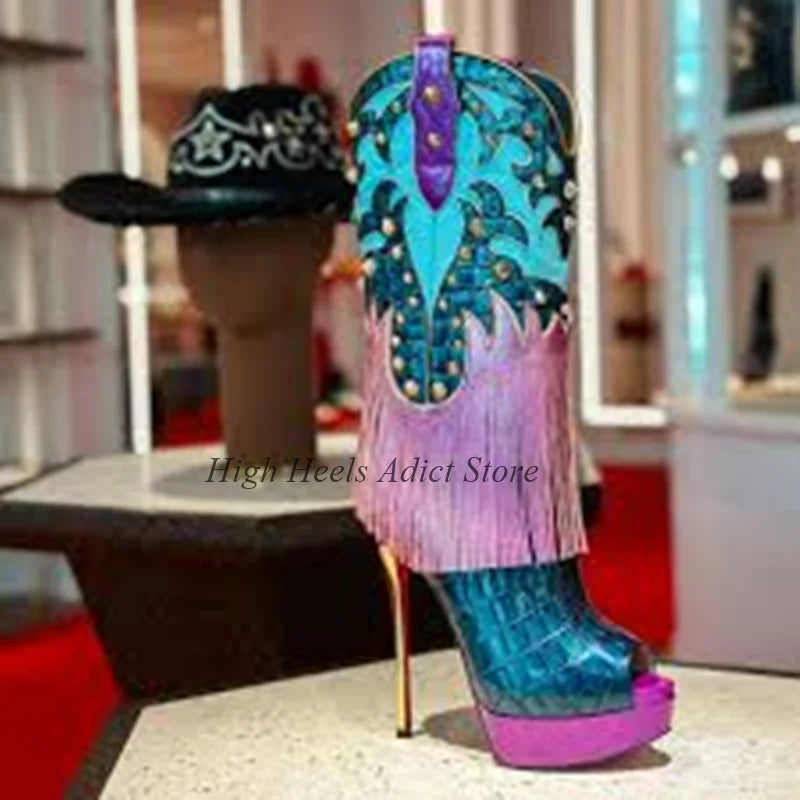 Studded Tassel Platform Leather Mid Calf Boots Women's Mixed Colors Pink/Blue Peep Toe High Heels Boots Western Luxury Shoes