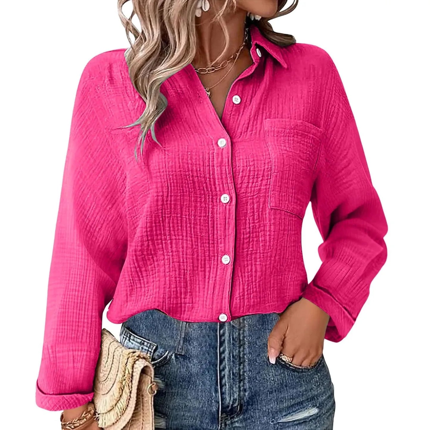 Casual Fashion Shirts For Women Autumn Long Sleeve Lapel Button Solid Color Shirt Top Casual Loose Women's Blouse