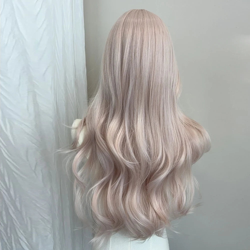 Women's Grey Pink Long Curly Synthetic Wig With Bangs Natural Long-Smooth Heat Resistant Wavy Wig For Cosplay Daily Wear