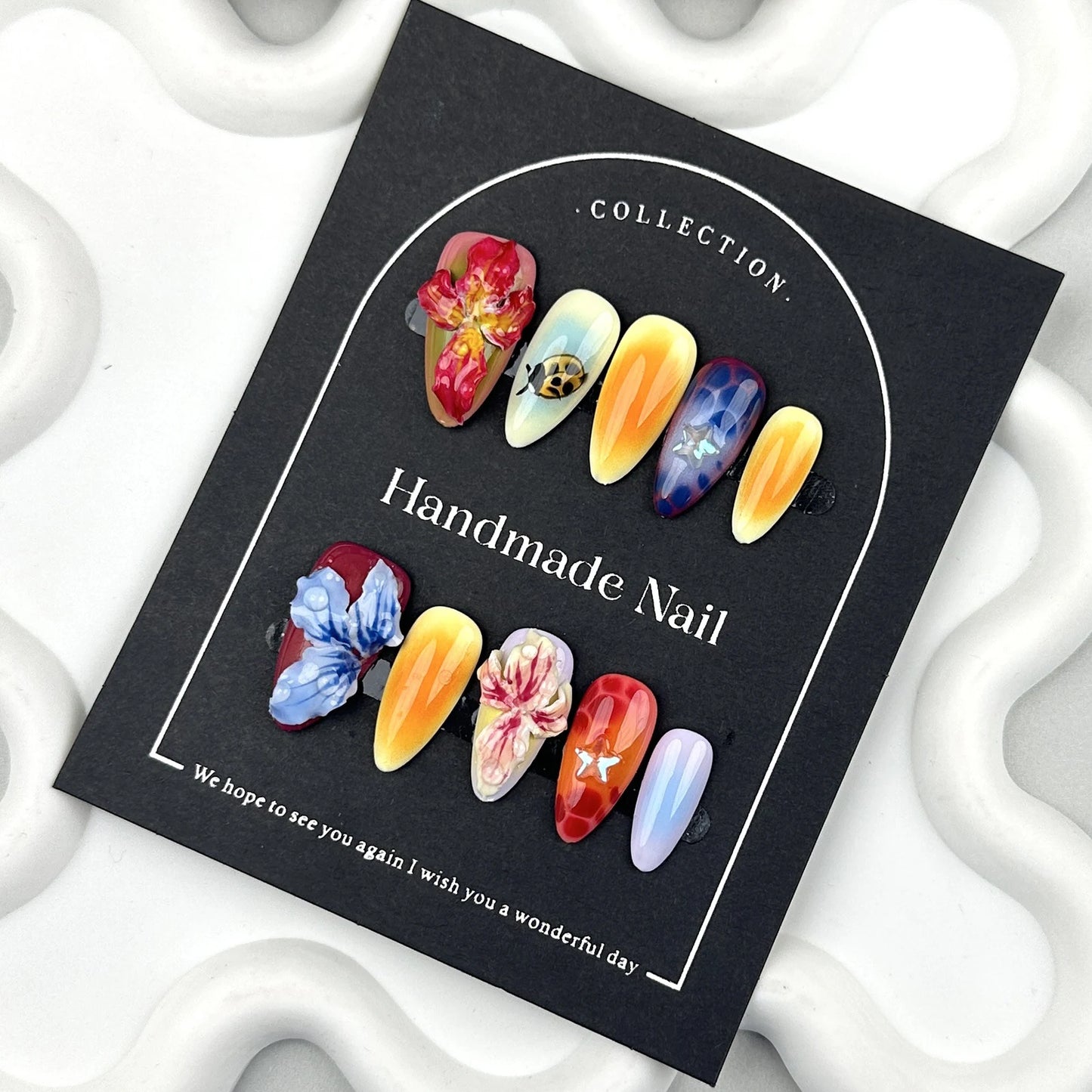 Handmade Press On Nails Full Cover Carved Petals Design False Nails Wearable Ins Fashion Colorful Almond Fake Nail Tips