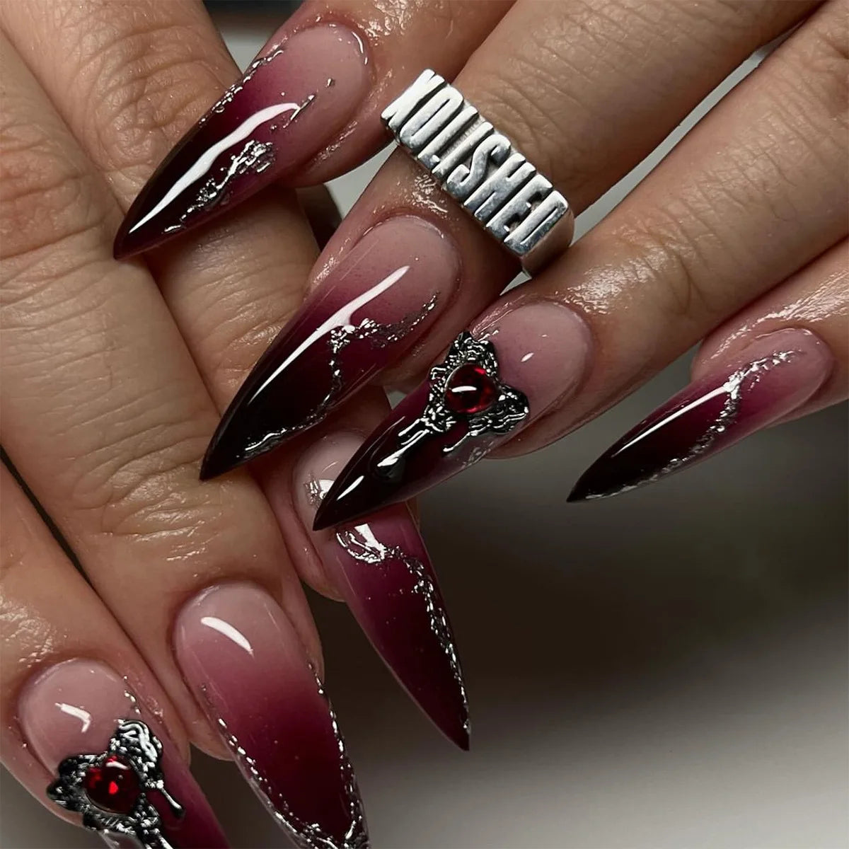 False Nails 3D Design Press on Nails Full Cover Red Heart Pearl Diamond Decoration Dark Style French Almond Wearable Nail Tips