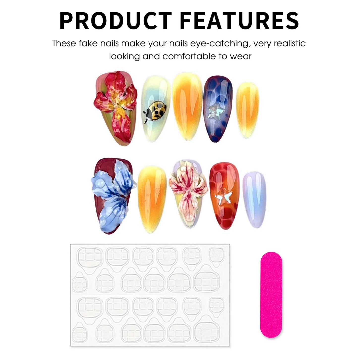 Handmade Press On Nails Full Cover Carved Petals Design False Nails Wearable Ins Fashion Colorful Almond Fake Nail Tips