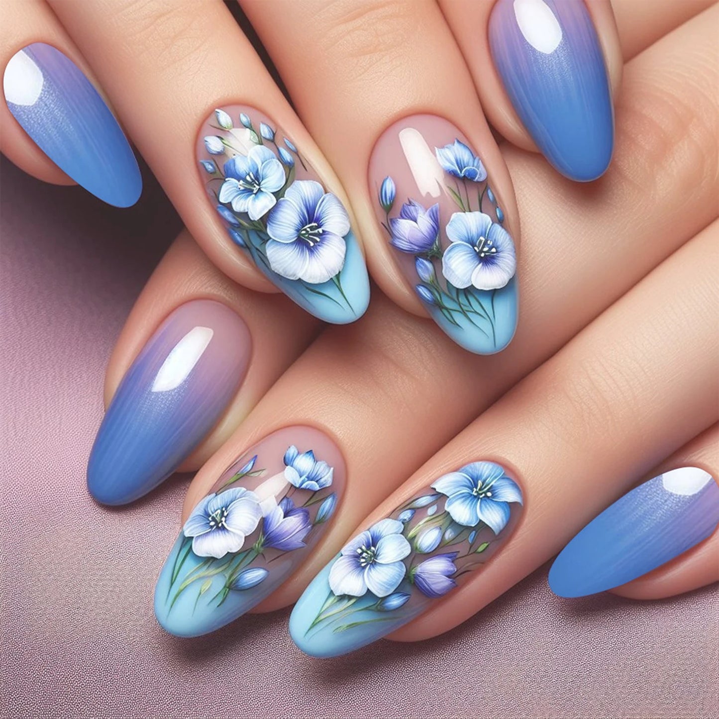 24pcs Blue and White Porcelain False Nails with Designs Long Press On Nails Blue French Fake Nails Fashion Ballet Tip Wearable