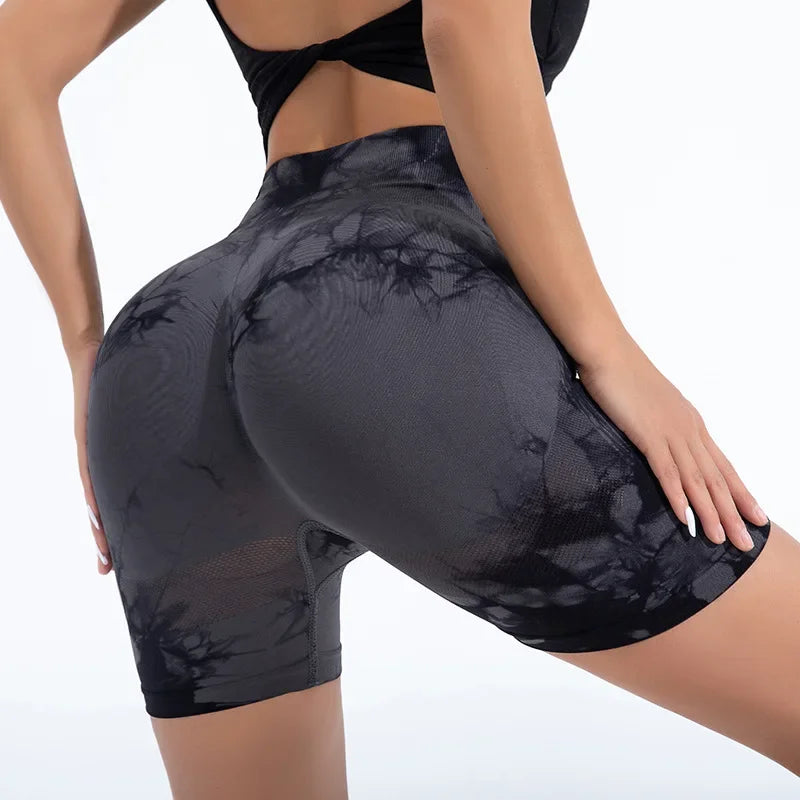High Waist Yoga Shorts Women Seamless Push Up Shorts Gym Workout Running Shorts Tie Dye Fashion Knit Slim Three Point Pants