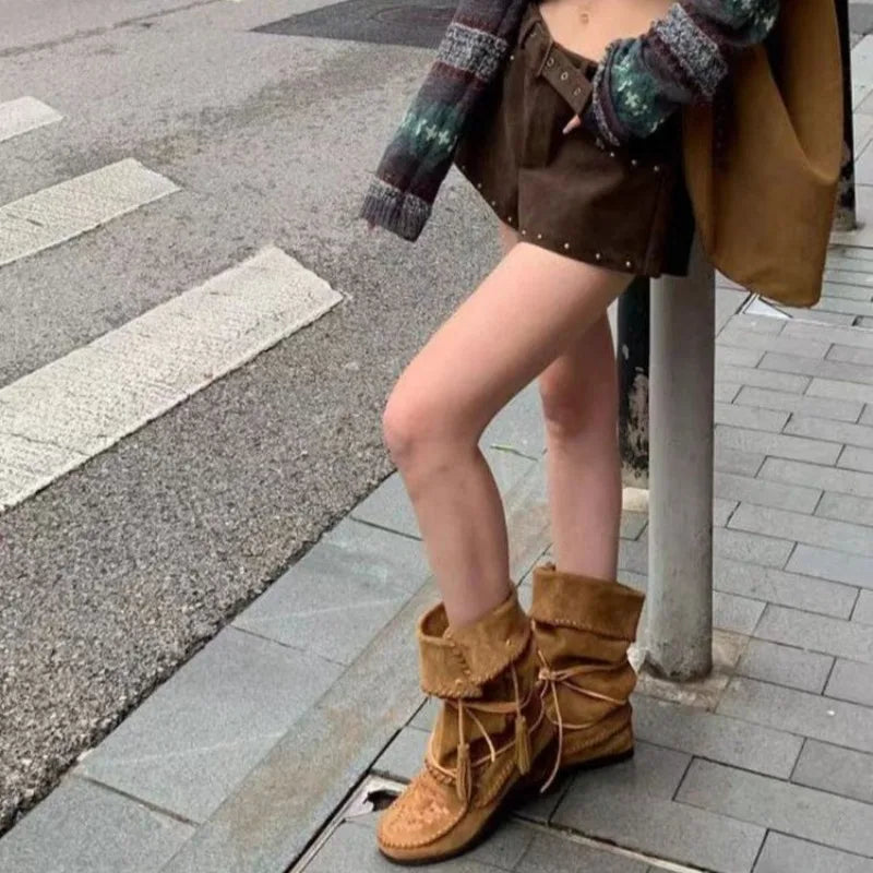 Woman Western Boots Ankle Suede Fashion Women Shoes Autumn 2025 Designer Trendy Goth Chelsea Botas Soft Round-toed Shoes Woman