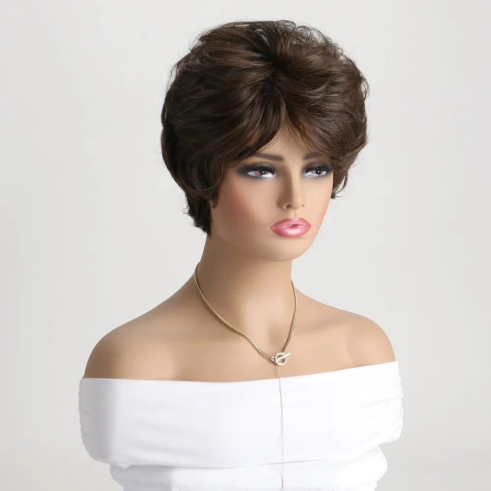 Natural Wavy Synthetic Hair Wigs For Women Pixie Cut Short Wig with Bangs Brown Blonde Wig Female Heat Resistant Wig Woman