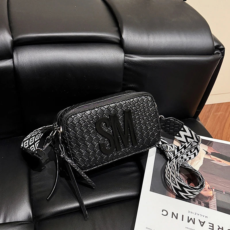 Women's Woven Crossbody Bag 3D Embellished PU Shoulder Purse with Solid Color & Tassels Roomy Zip Closure Daily Use Shoulder Bag