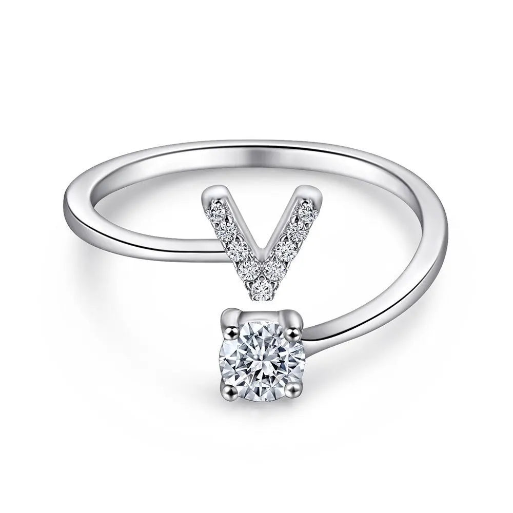 925 Sterling Silver Initial Rings for Women Girls, Adjustable Initial Rings Cubic Zirconia Stackable Alphabet Letter Rings Gift