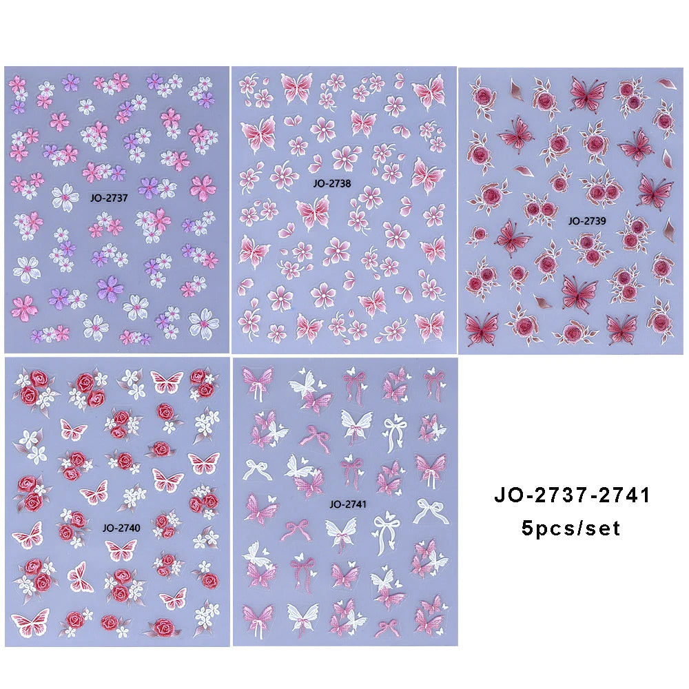 5pcs/set Butterfly Nail Stickers 3D Self-Adhesive Bow Rose Flower Sakura Nail Art Decoration Part Decals for Women Manicure DIY