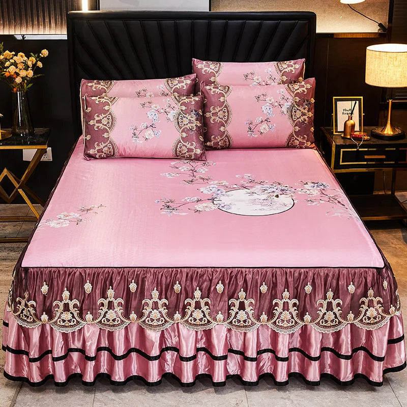 Luxury Lace Smooth Cool Summer Bedspread Thick Home Bed Skirt + Pillowcase Bed Sheets Embroidery European-style Bed Spreads