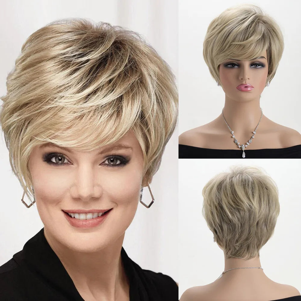 Natural Wavy Synthetic Hair Wigs For Women Pixie Cut Short Wig with Bangs Brown Blonde Wig Female Heat Resistant Wig Woman
