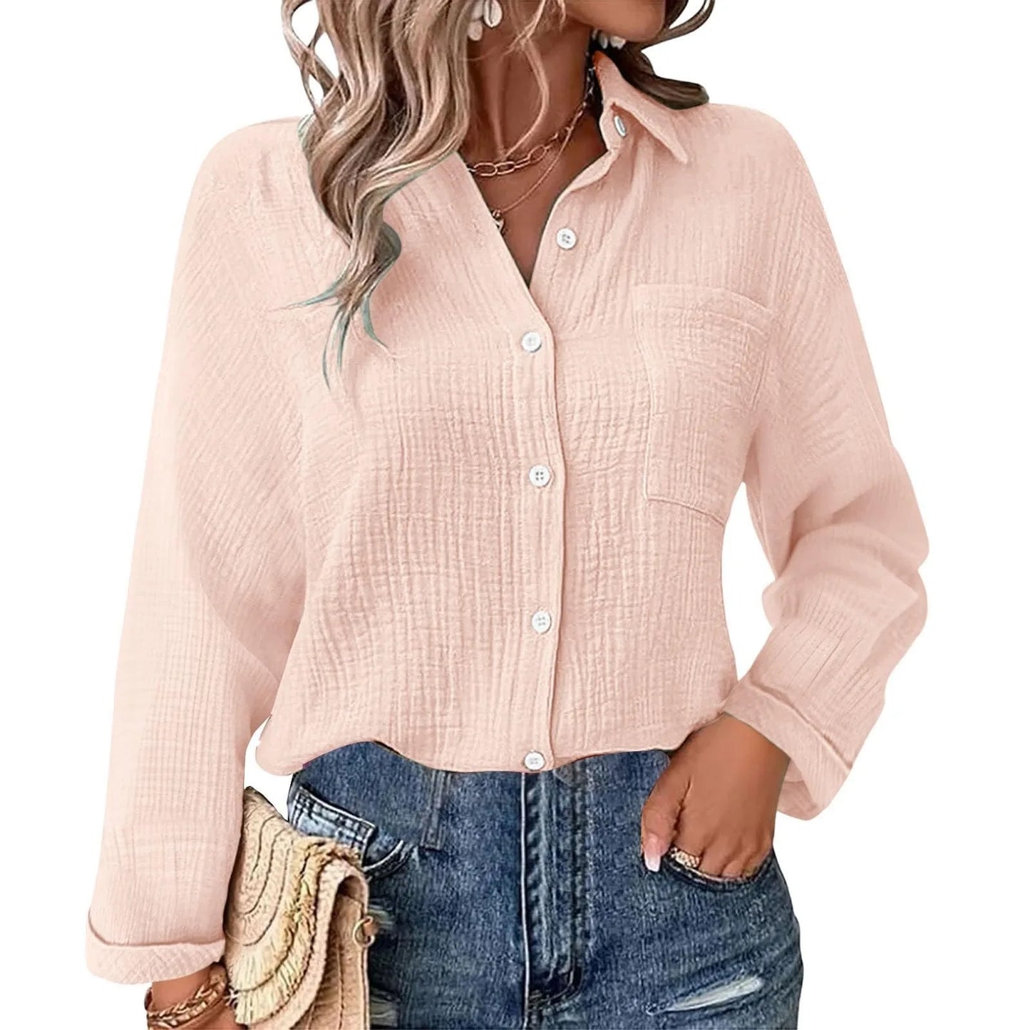 Casual Fashion Shirts For Women Autumn Long Sleeve Lapel Button Solid Color Shirt Top Casual Loose Women's Blouse