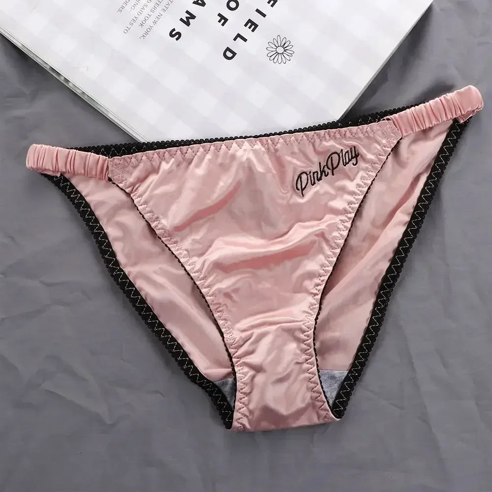 Sexy Girl Thongs Women Glossy Underwear Panty Low Waist Solid Color Satin Fabric Briefs Embroidery Fitness Sports Underpants