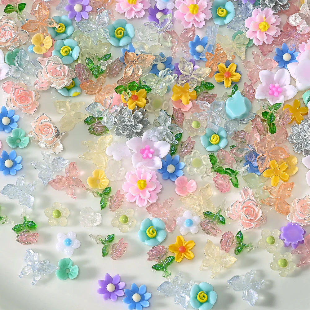 1 Bag Butterfly Flower Nail Charms 3D Mix Colorful Resin Nail Art Tips Nail Gems DIY Flatback Manicure Nail Art Decoration Parts