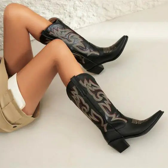 Cowgirl Boots Women Embroidery Knee High mid Calf Cowboy Boots Slip On Pointed Toe Candy Color Fashion Shoes Winter Western