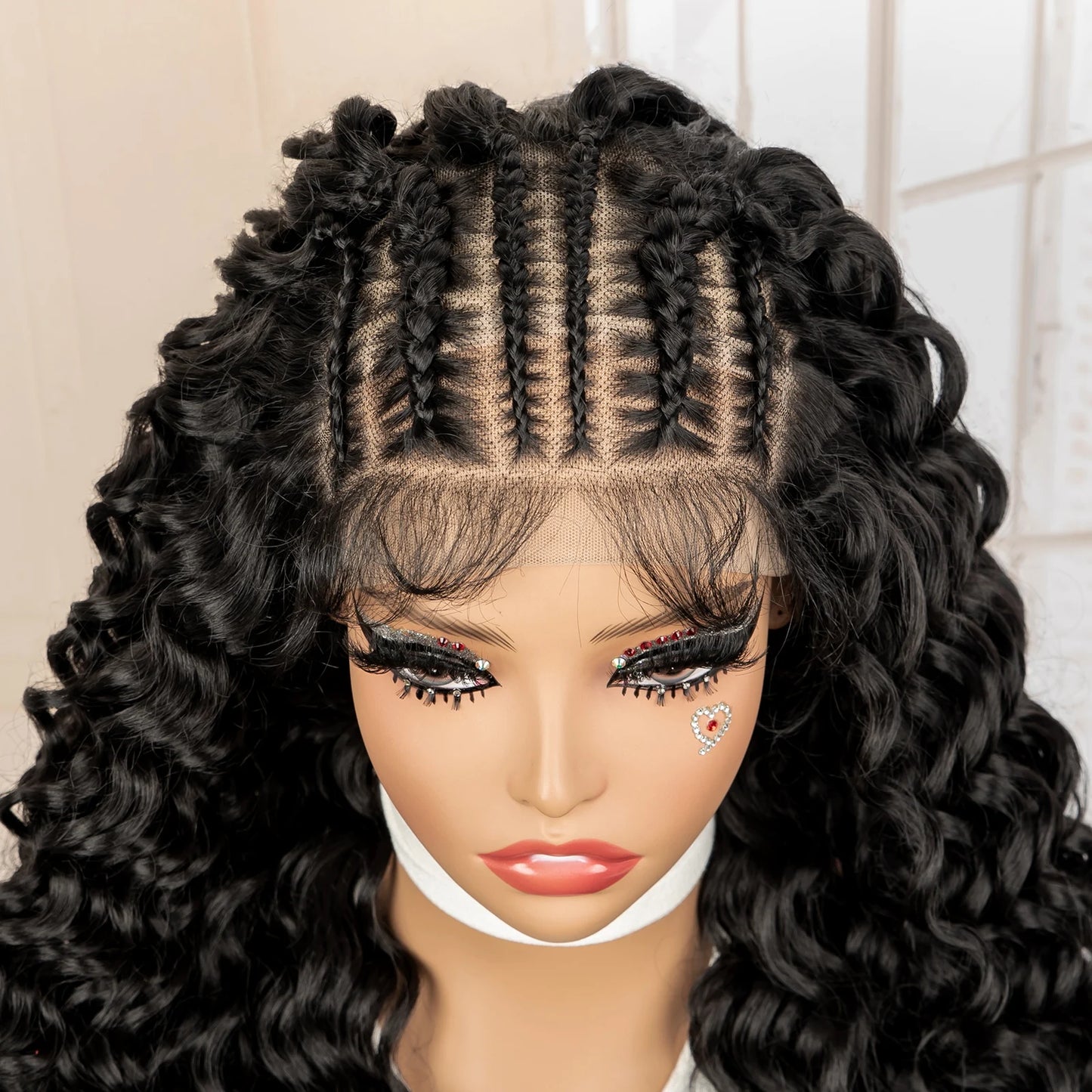 13x6 Lace Front Wigs Black Synthetic Hair Wig with Braids for Women 24 Inches Long Curly Wavy Wig Heat Resistant Wig for Daily