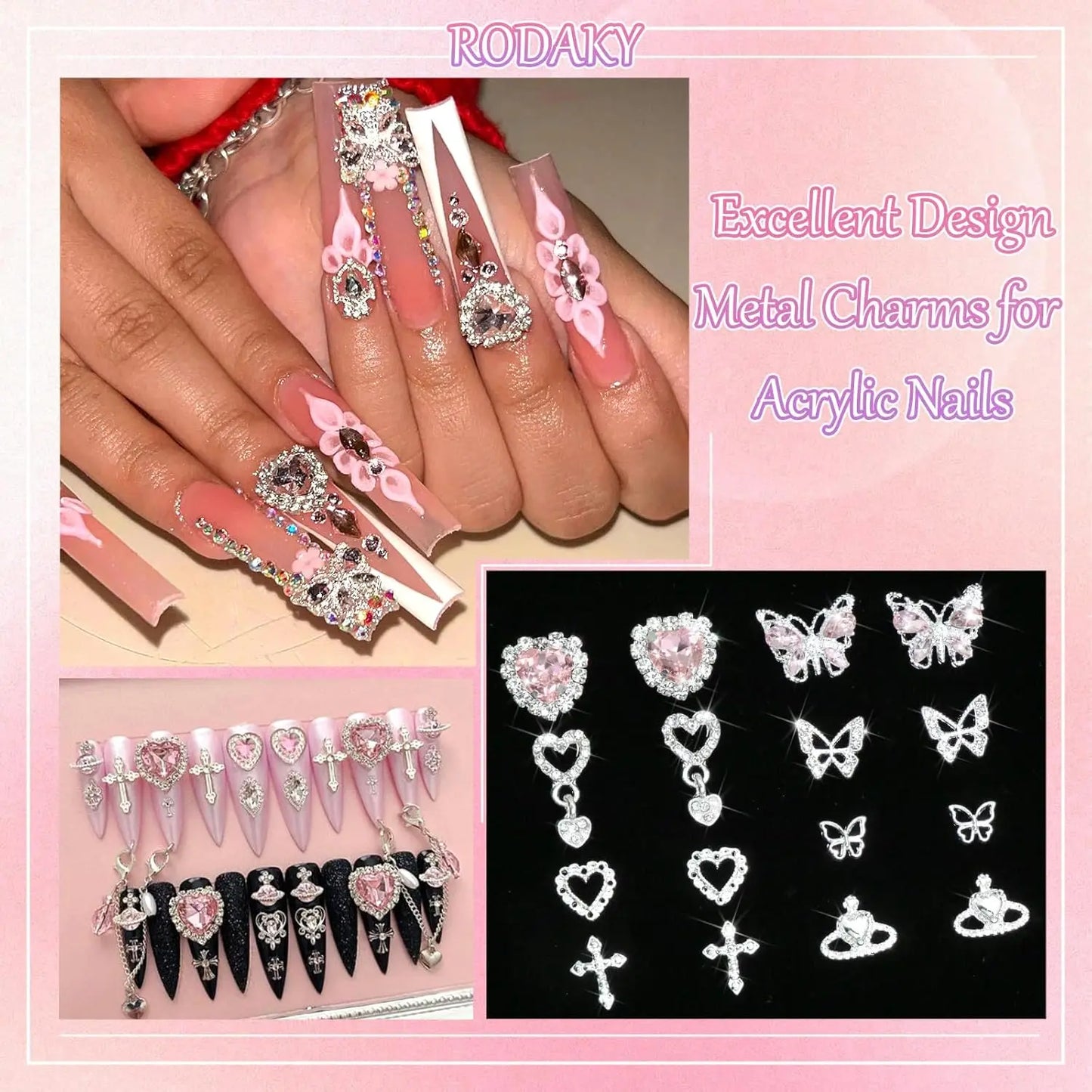 47PCS 3D Butterfly Nail Charms Silver Cross Nail Art Charms Dangle Heart Charms for Nail Heart Nail Gems Luxury Nail Jewelry