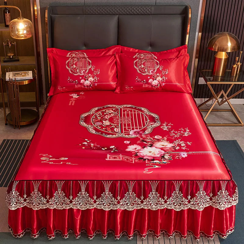 Luxury Lace Smooth Cool Summer Bedspread Thick Home Bed Skirt + Pillowcase Bed Sheets Embroidery European-style Bed Spreads