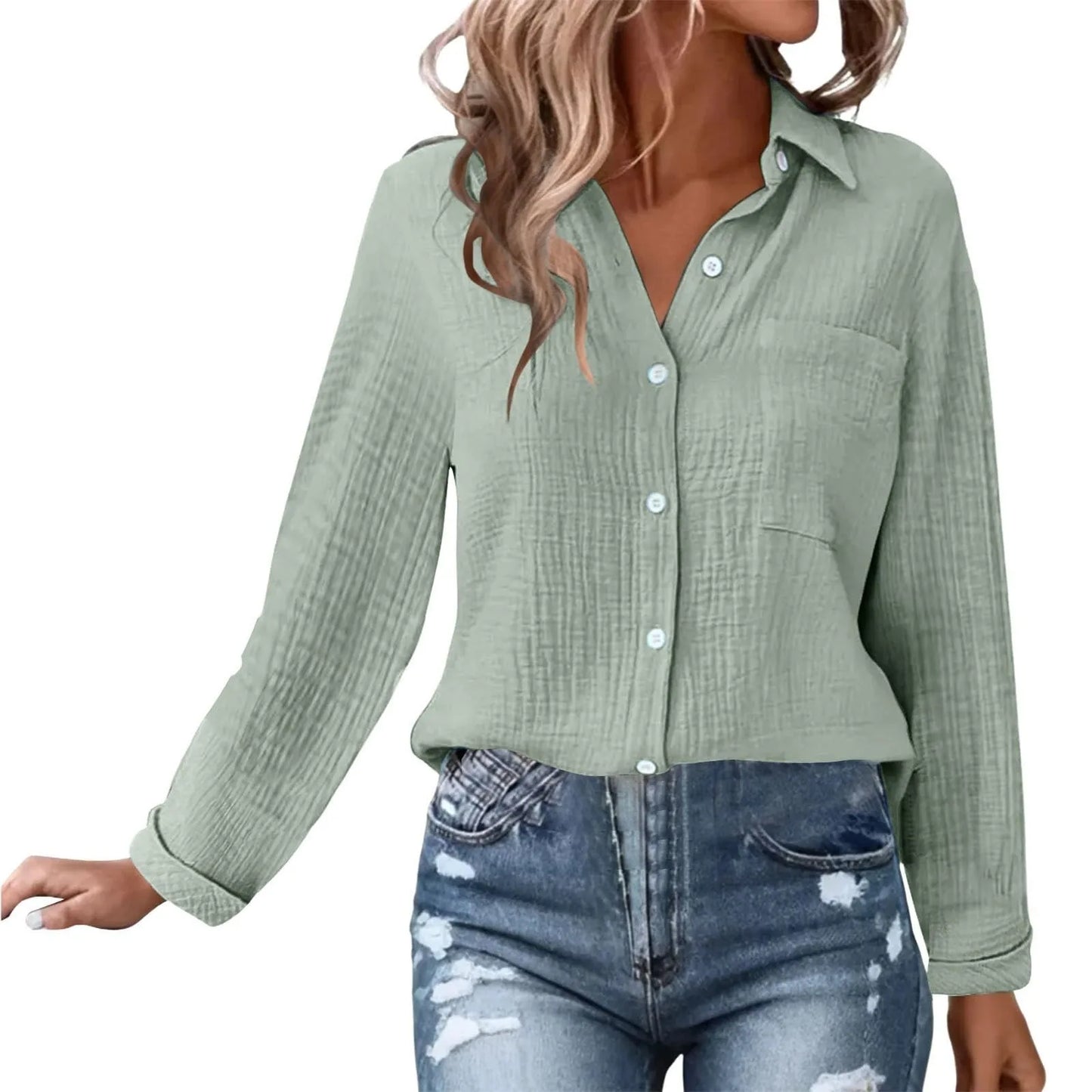 Casual Fashion Shirts For Women Autumn Long Sleeve Lapel Button Solid Color Shirt Top Casual Loose Women's Blouse