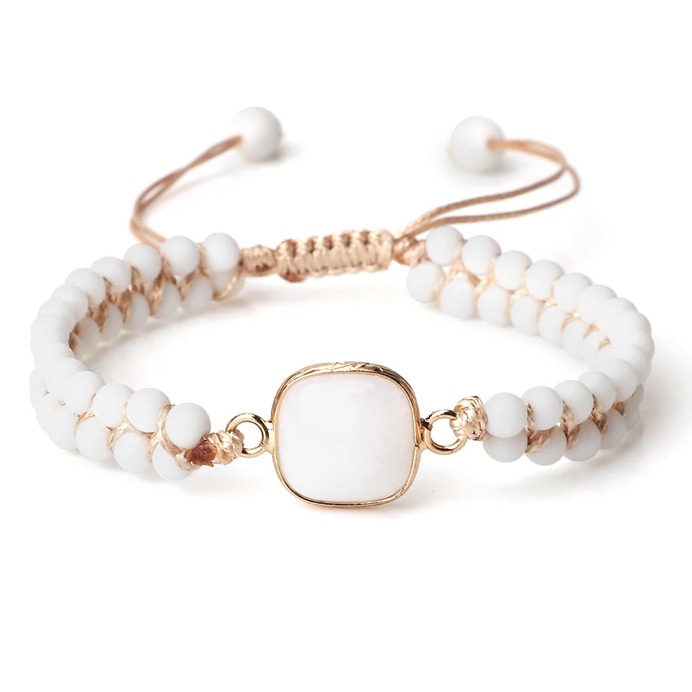 4mm Beads Natural Stone Bracelets&Bangles White Porcelain Braided Elastic Rope Handmade Adjustable For Woman Man Couple Jewelry