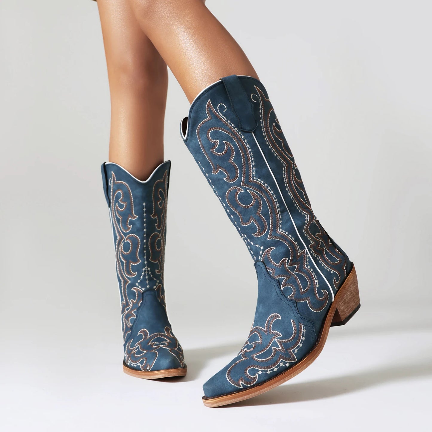 Women's Cowgirl Boots Blue Comfortable Cowboy Western Boots Wide Calf Leather Embroidery Dapper Shoes