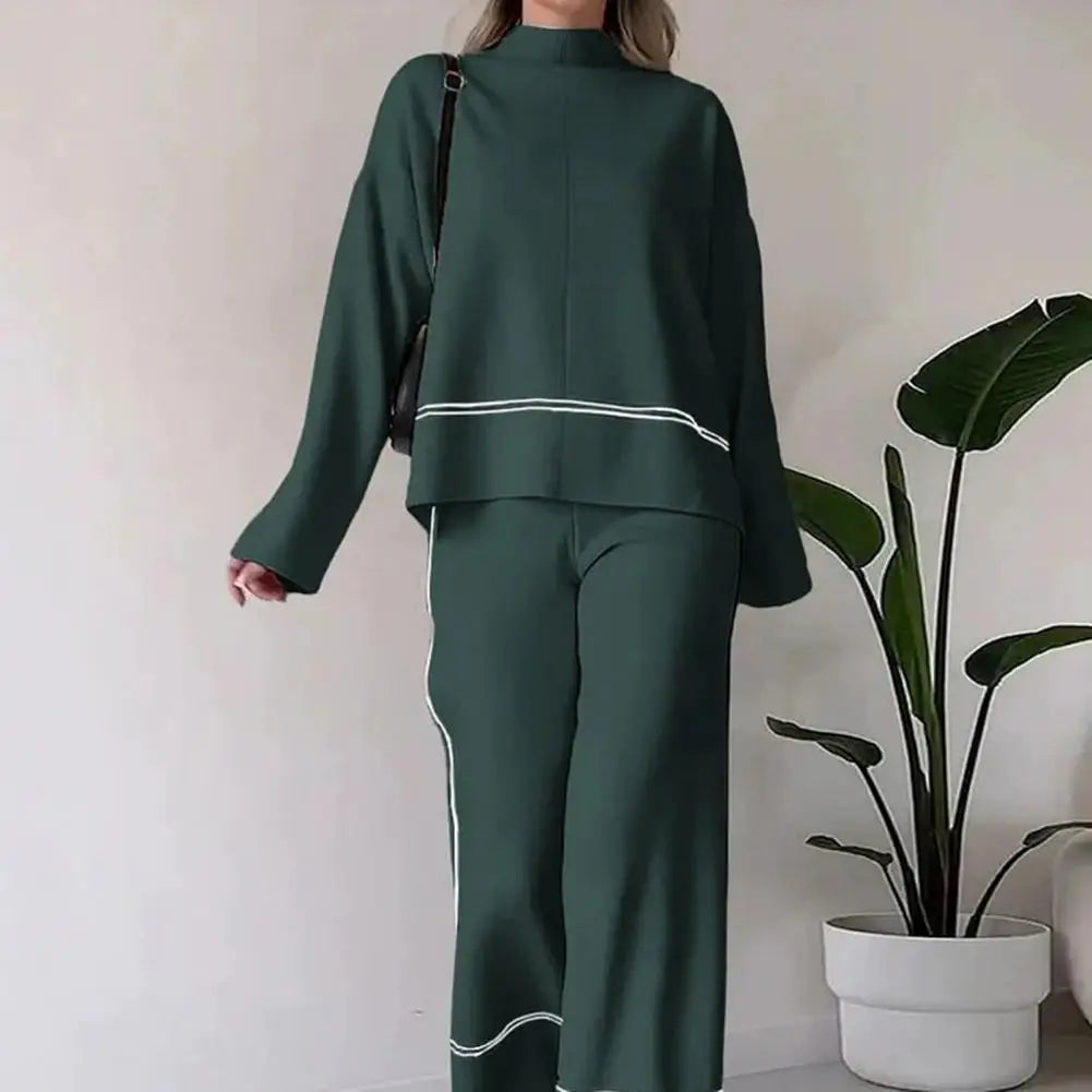 Casual Women Set Spring Summer Fashion Long Sleeve O-Neck Loose Suit Female Vintage Pocket Top Long Wide Leg Pants 2 Pcs Outfit