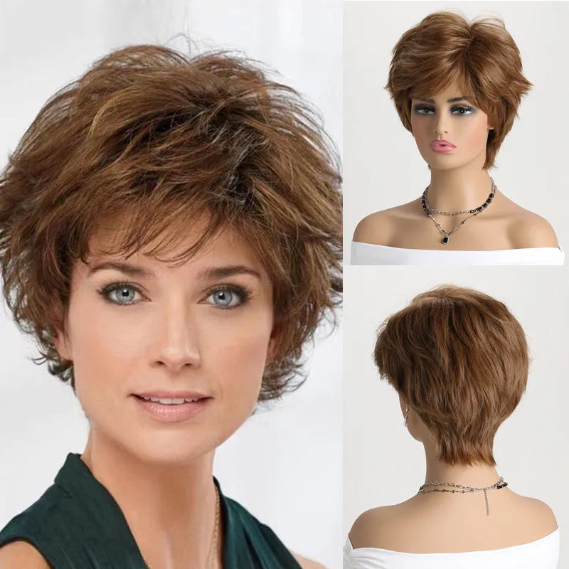 Natural Wavy Synthetic Hair Wigs For Women Pixie Cut Short Wig with Bangs Brown Blonde Wig Female Heat Resistant Wig Woman
