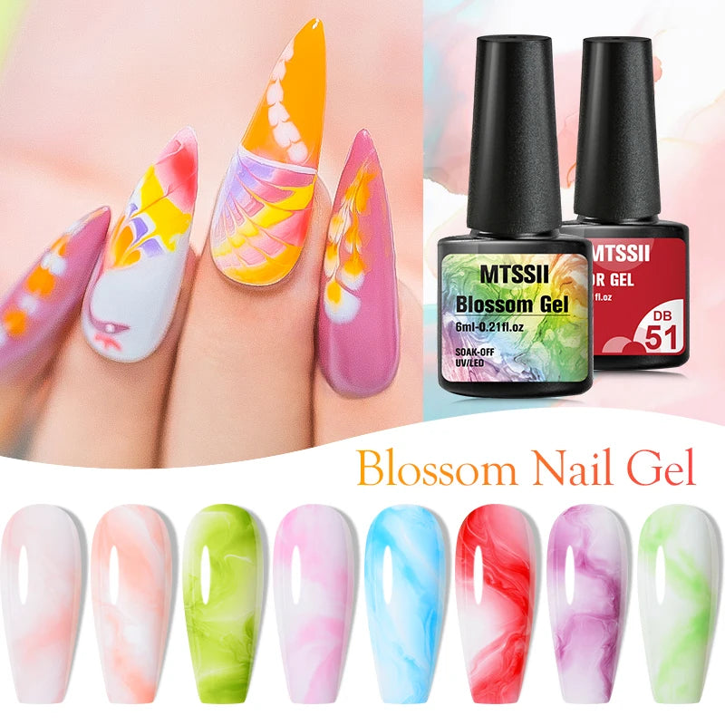 6Pcs/Set Watercolor Floral Print Clear Nail Blooming Gel Polish Kit Spring Colorful Semi Permanent Soak Off Art Uv Gel Varnish