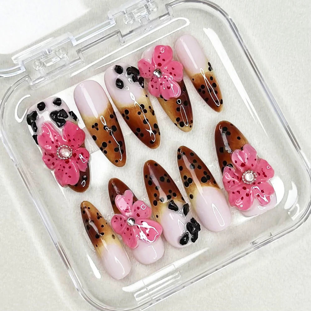 Press on Nails Medium Almond Pattern ABS Nails INS Y2K 3D Pink Flowers Style Design Nail 10Pcs Manicure Handmade Art with Set