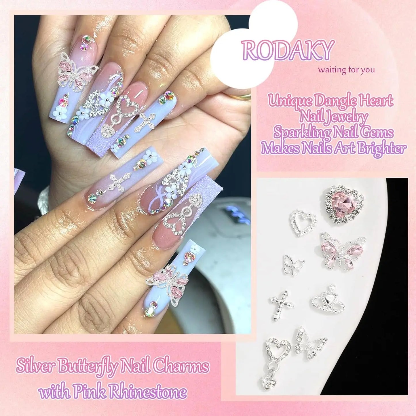 47PCS 3D Butterfly Nail Charms Silver Cross Nail Art Charms Dangle Heart Charms for Nail Heart Nail Gems Luxury Nail Jewelry
